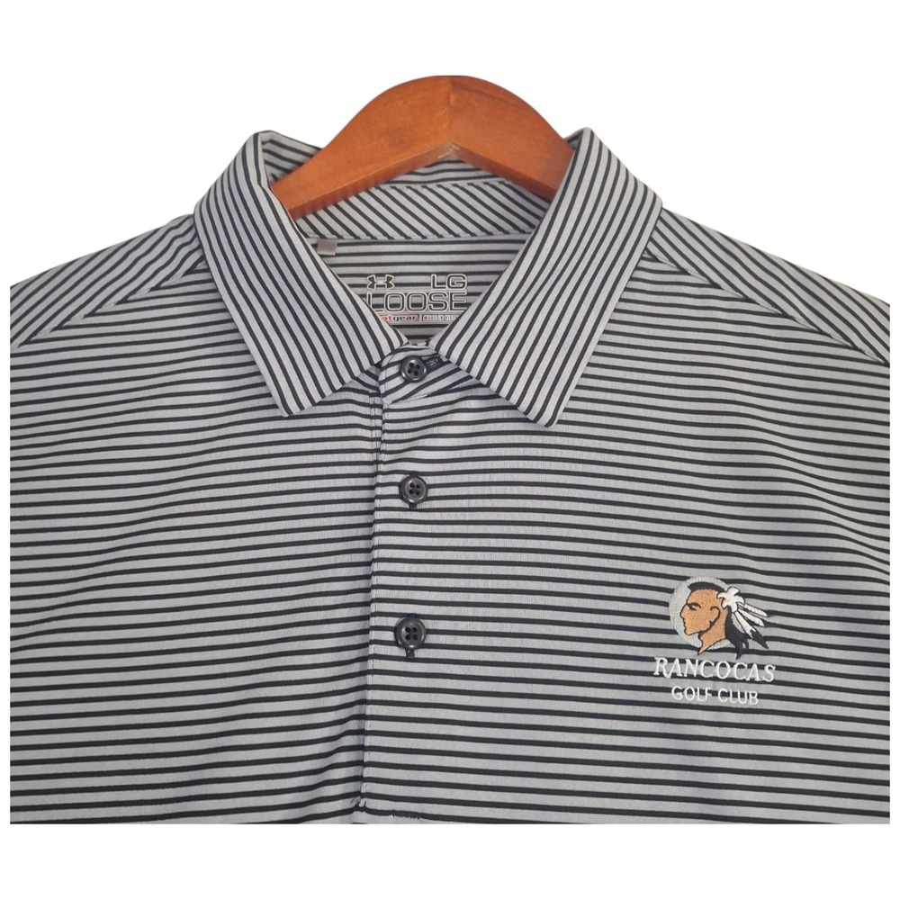 Under Armour HeatGear Polo Shirt Mens Large Grey Black Stripe Rancocas Golf Club